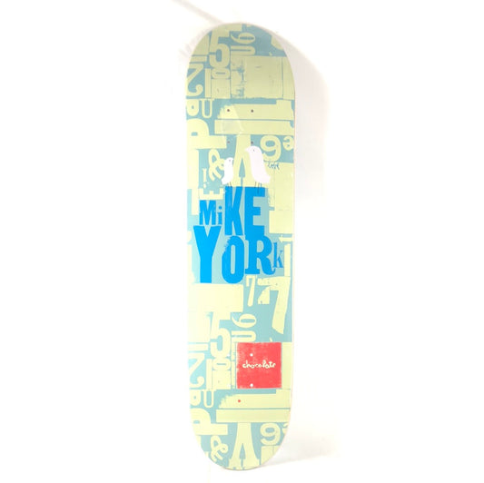 Chocolate Mike York Woodtype Series Grey Blue/Tan/Blue Size 7.5” Vintage NOS Deck