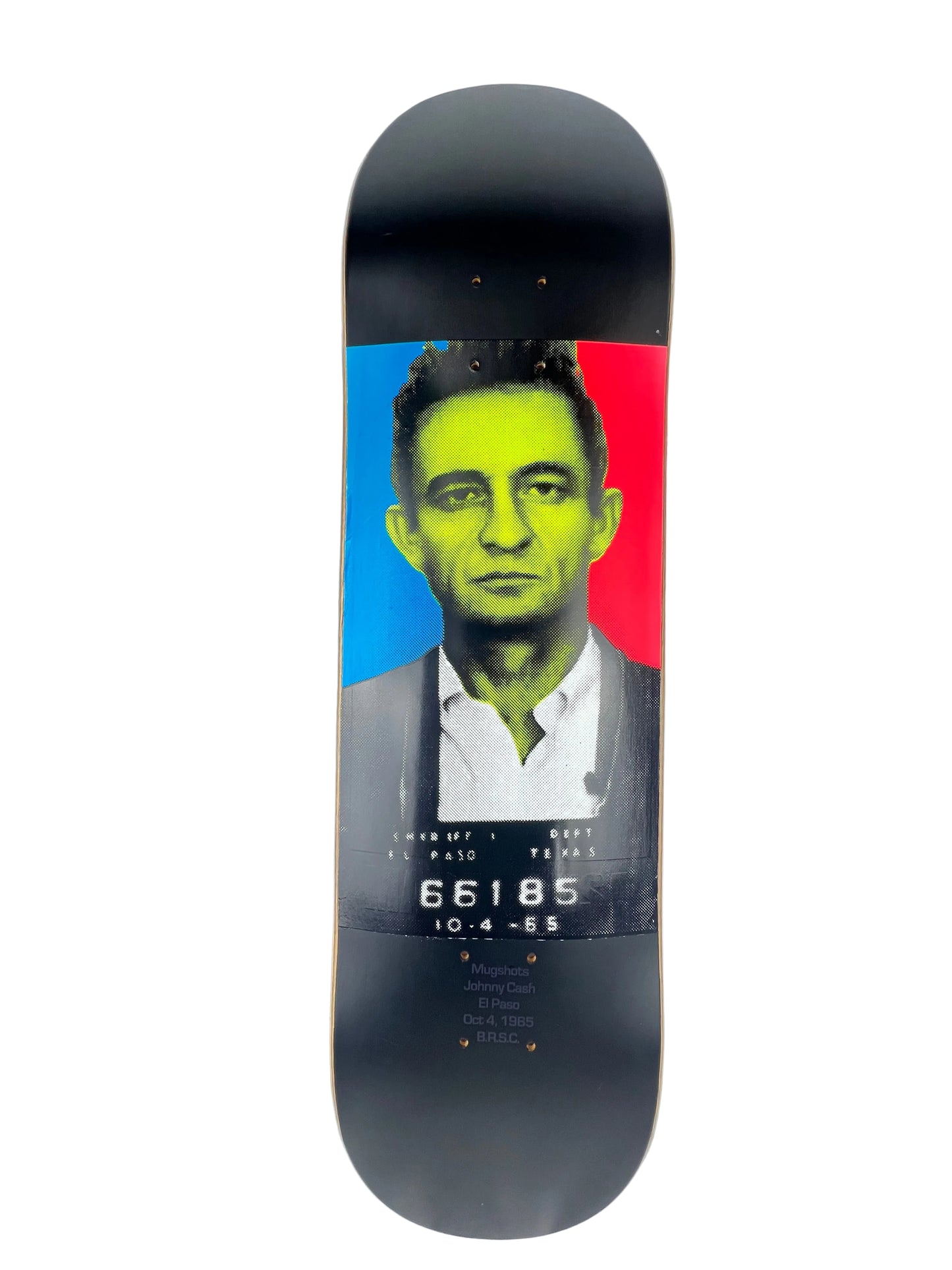 Black Rebel Skateboard Club Mugshot Series Johnny Cash El Paso TX 1965 Black Multi Size 8.25" Vintage NOS Deck