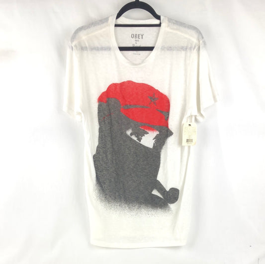 Obey Front Logo White Black Red Size L  S/s Shirt