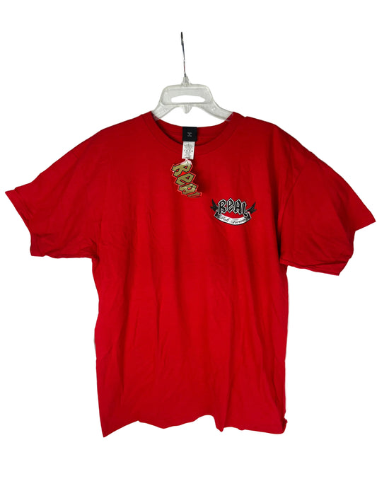 Real Roll Forever Scroll Front Print Skull & Crossbones Large Back Graphic Black Red White Size L S/s Vintage Shirt