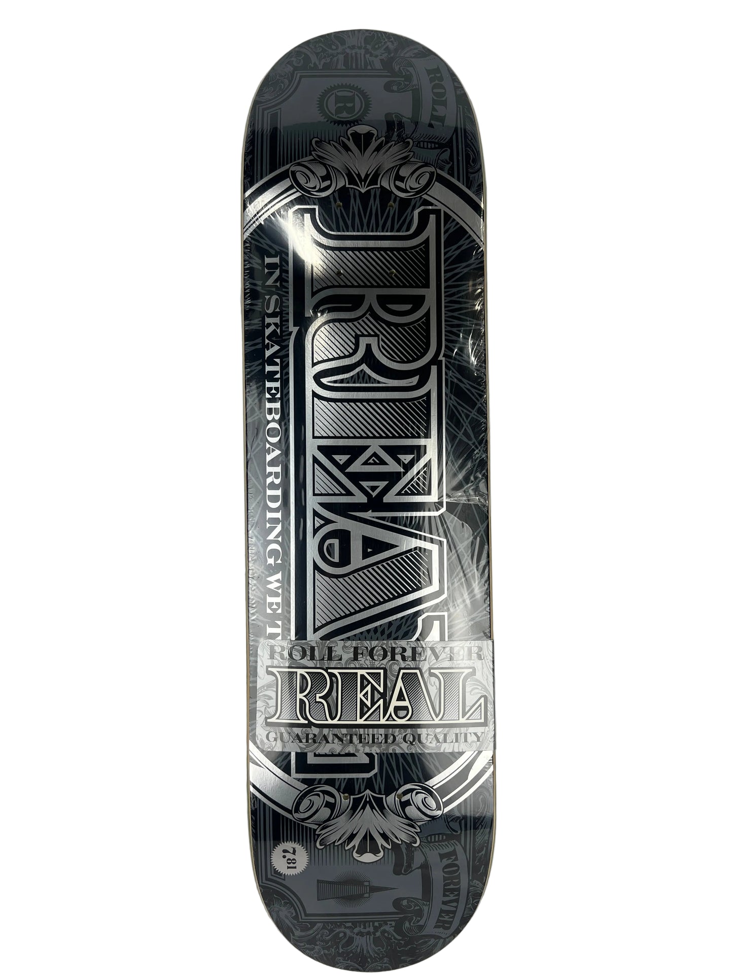 Real In Skateboarding We Trust Silver Black Size 7.81" Vintage NOS Deck