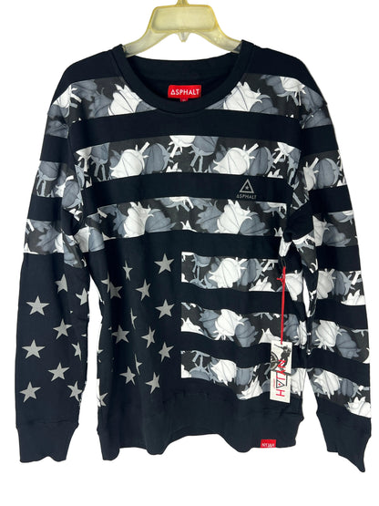 Asphalt Yacht Club AYC Nyjah Huston Hearts Flag Stars Black Grey Striped Size XL L/s Vintage Crewneck Sweater