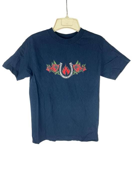 Black Label Roses & Horseshoe Flame Logo Black Red Silver Size S S/s Vintage Shirt