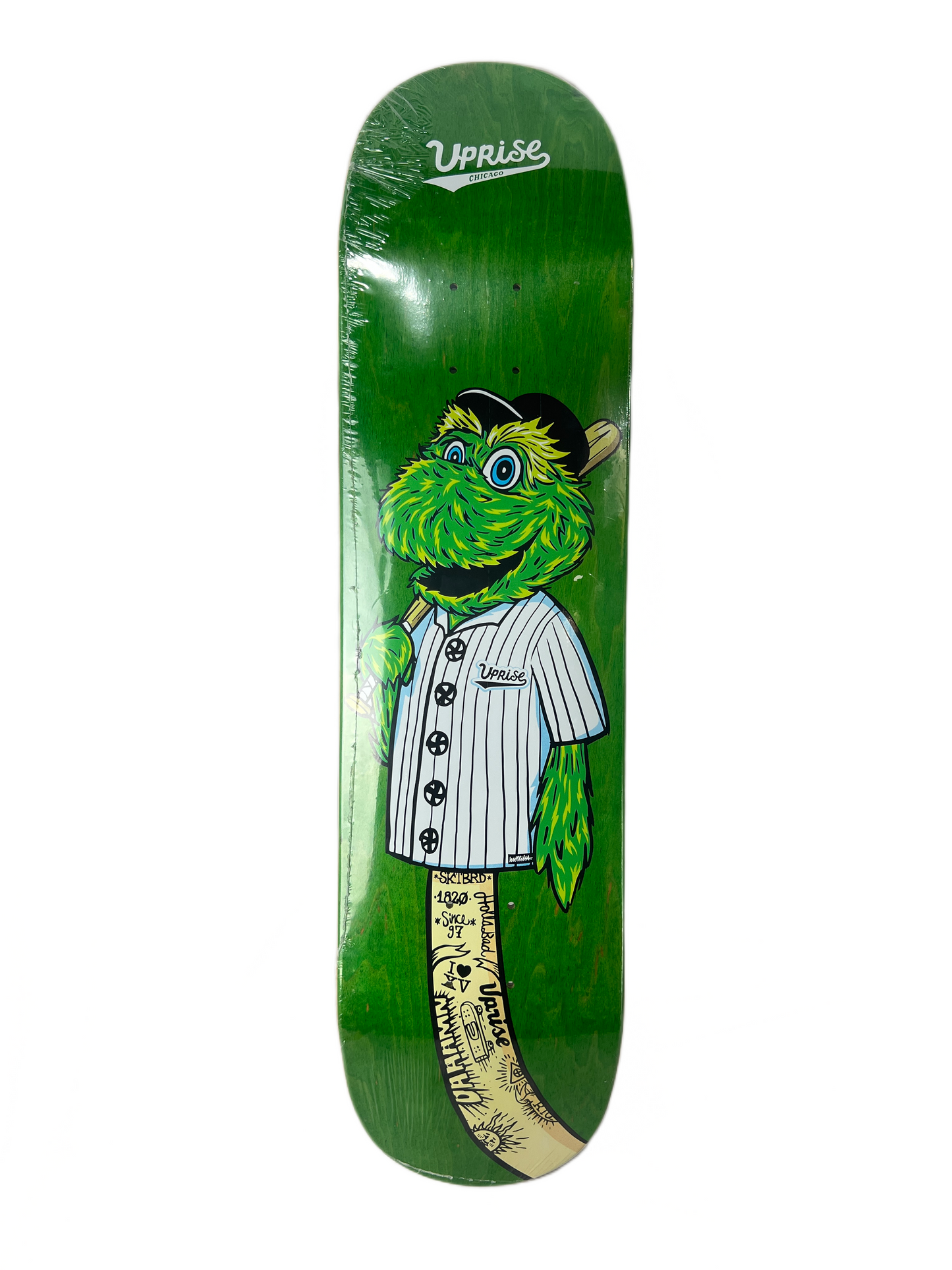 Uprise X Felipe Motta Uprise Pups Mascot Series Grouch Green Woodgrain Black White Size 7.75" Vintage NOS Deck