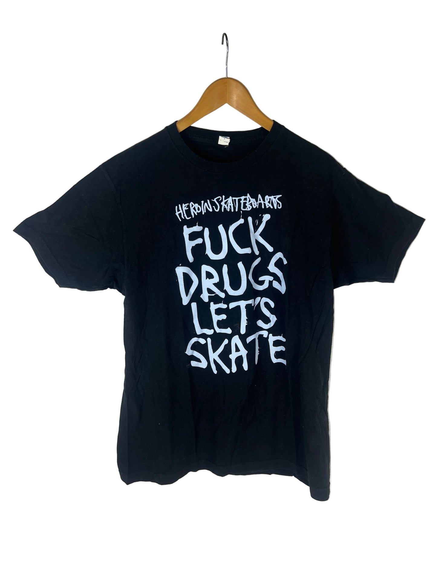 Heroin Fuck Drugs Lets Skate Black Blue Size L S/s Vintage Shirt