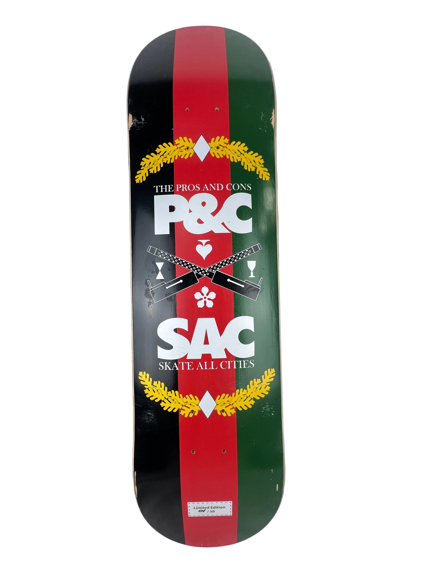 P & C The Pros And Cons SAC Skate All Cities Nunchucks Limited Edition Black Red Green Vintage NOS Deck