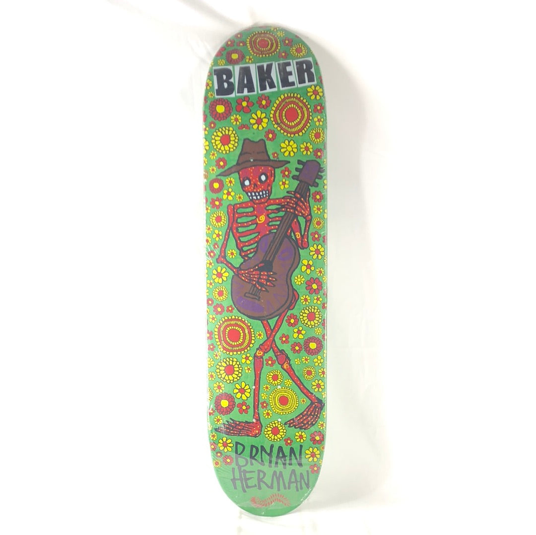 Baker Bryan Herman Skeleton Playing Guitar Green 7.75" Skateboard Deck