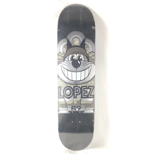 Flip Louie Lopez Cat Smiling graphic Black/White/Silver Size 8.25 Skateboard Deck