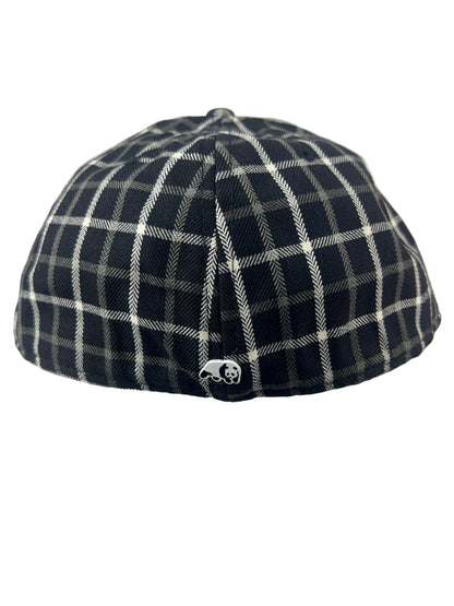 Enjoi Thick Box Logo White Black Plaid Metallic Panda Pin On Back Size L/XL Vintage Fitted Hat