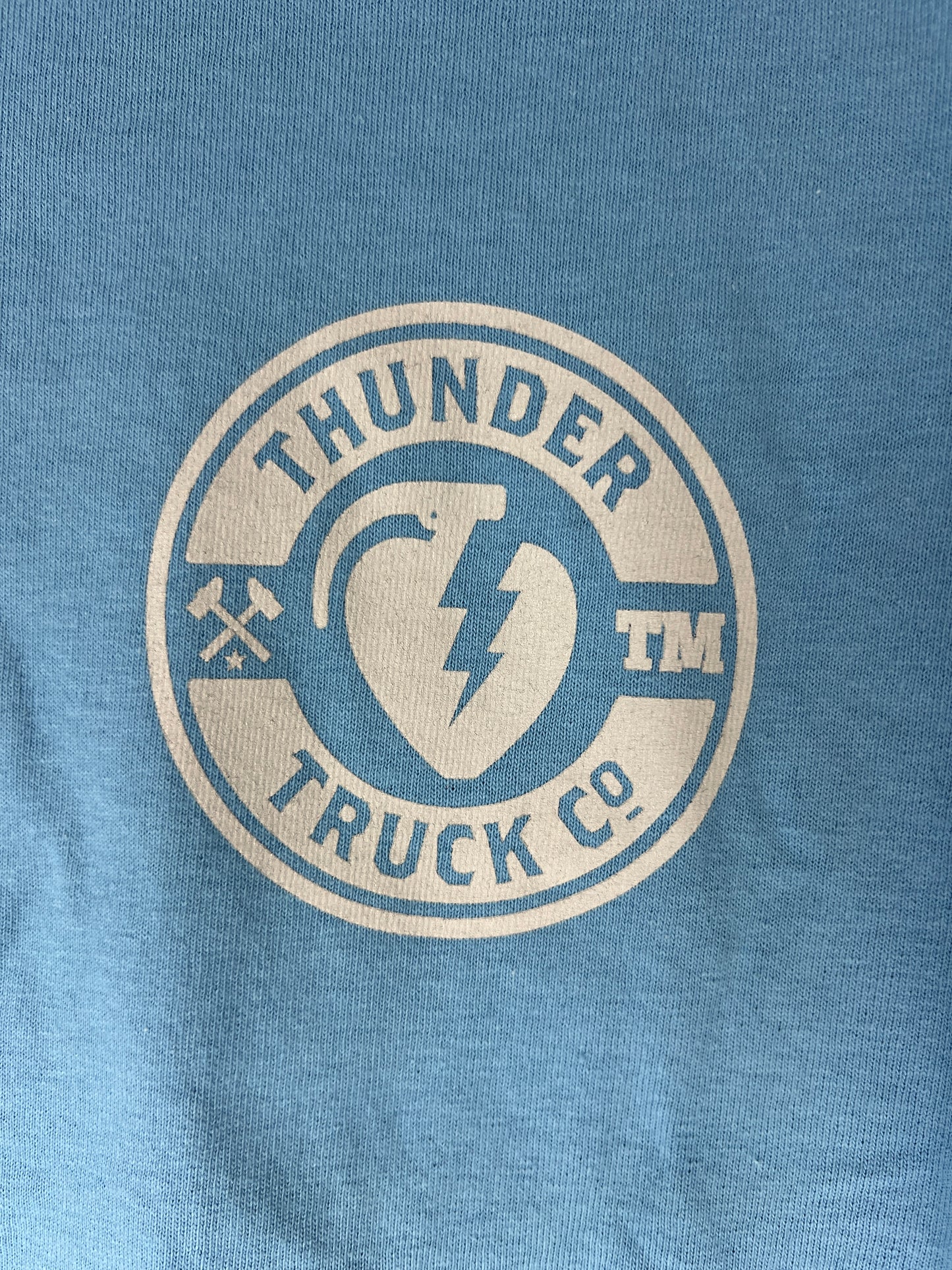 Thunder Lt Blue White Thunder Logo Small Front Print Large Back Print Size S S/s Vintage Shirt