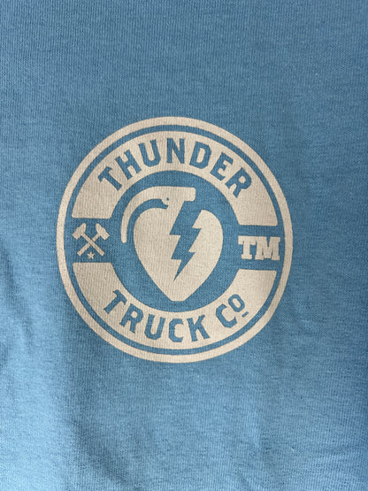 Thunder Lt Blue White Thunder Logo Small Front Print Large Back Print Size S S/s Vintage Shirt