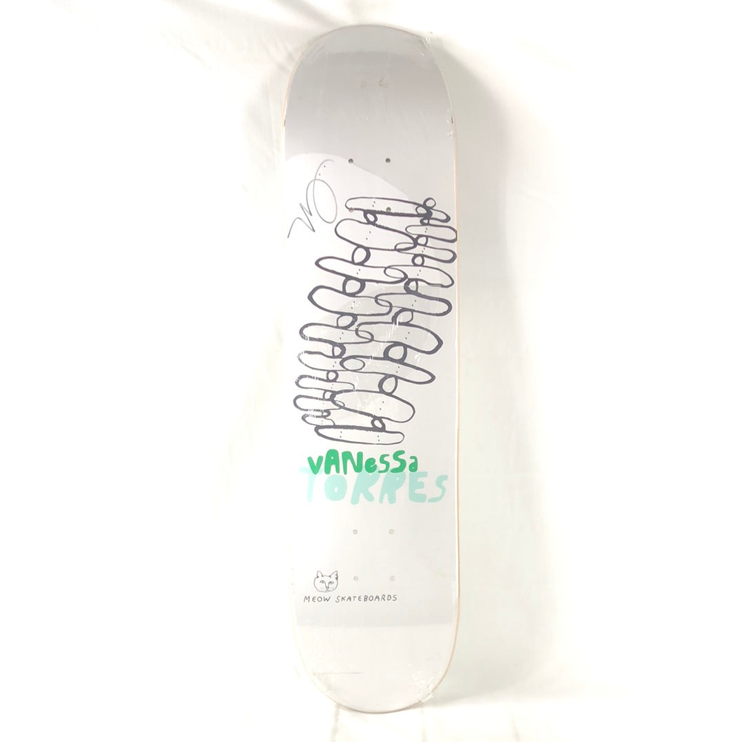 Meow Vanessa Torres Signed Rock Stacking Skateboards White/Green/Black Size 7.75 Skateboard Deck