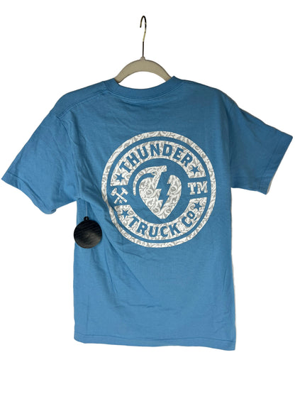 Thunder Lt Blue White Thunder Logo Small Front Print Large Back Print Size S S/s Vintage Shirt