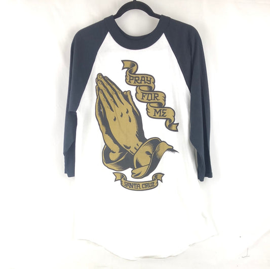 Santa Cruz Chest Logo Praying Hands Black White Gold Size L Baseball T Shirt