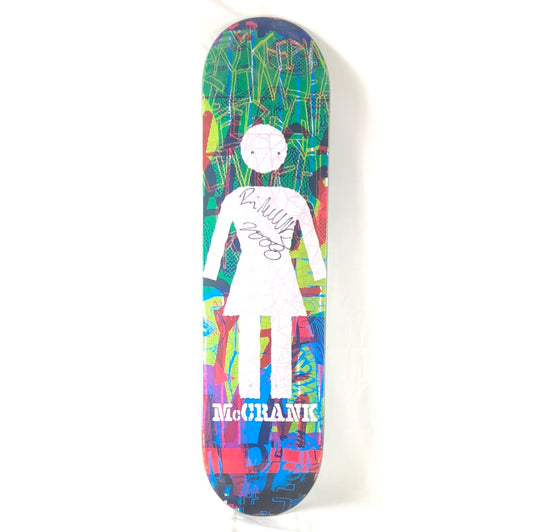 Girl Rick McCrank Girl Logo With Faces in Background Signed in 2008 Black/Blue/Red/Green/White Size 7.75 Skateboard Deck
