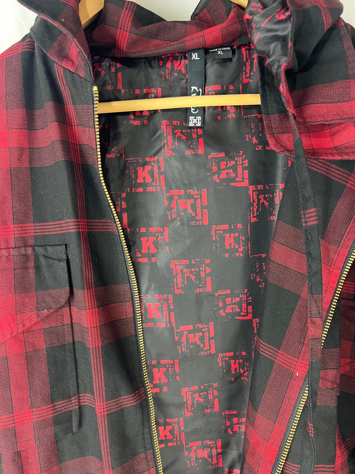 Krew KR3W Lumberjack Flannel Red Black With [K] All Over Print Inside Size XL Vintage L/s Zip Up Jacket