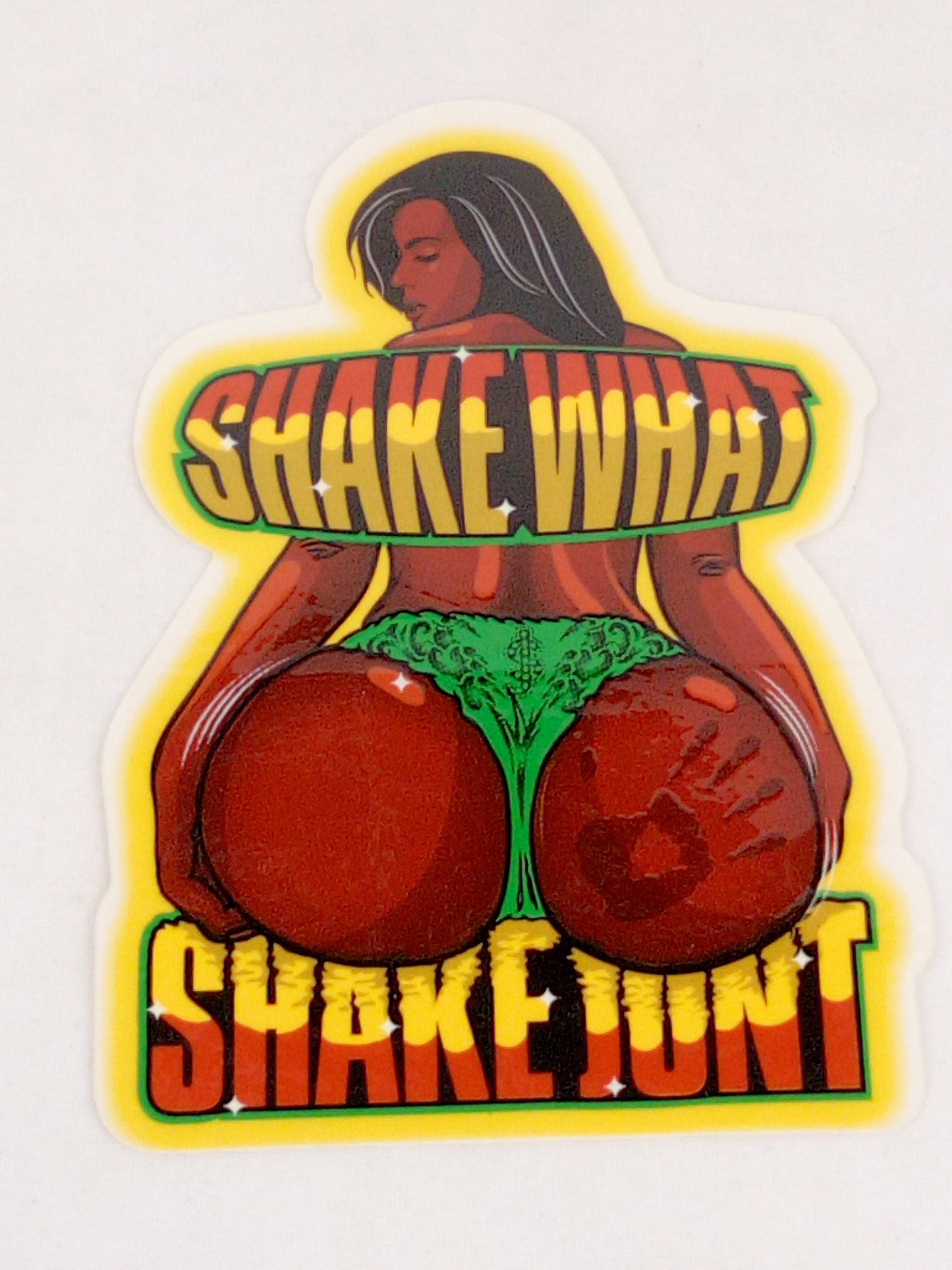 Shake Junt Shake What Booty Clear Green Yellow Brown 4.25" x 5.25" Vintage NOS Sticker
