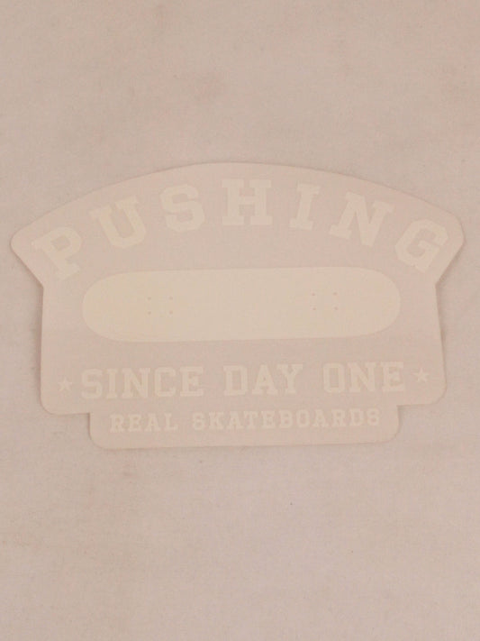 Real Skateboards Pushing Since Day One Real Skateboarding Clear White 5.5" x 3.75" Vintage NOS Sticker