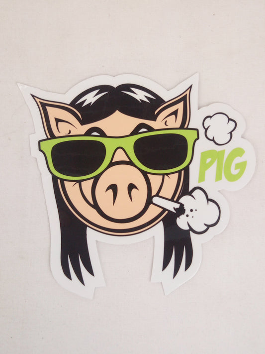 Pig Wheels Sunglasses Green Smoking Pig Head Clear Black Green Tan 4.25" x 3.625" Vintage NOS Sticker