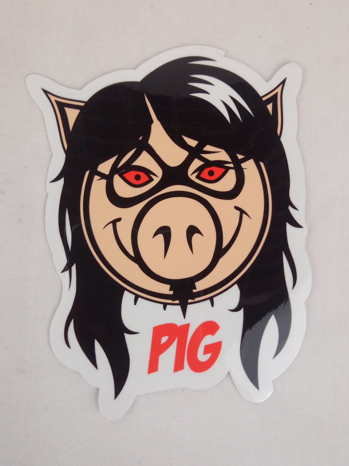 Pig Wheels Long Hair Glasses Red Eyes Pig Head Clear Black Red Tan 4.25" x 3.25" Vintage NOS Sticker