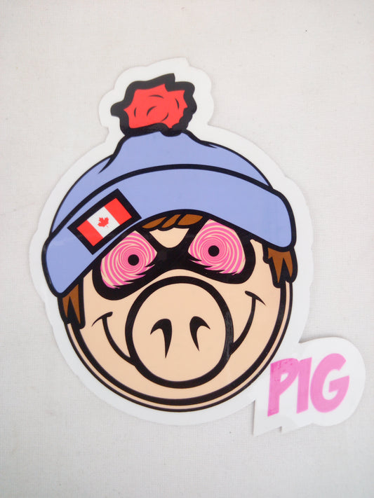 Pig Wheels Canadian Beanie Head Spiral Eyes Clear Purple Red 4" x 3.5" Vintage NOS Sticker