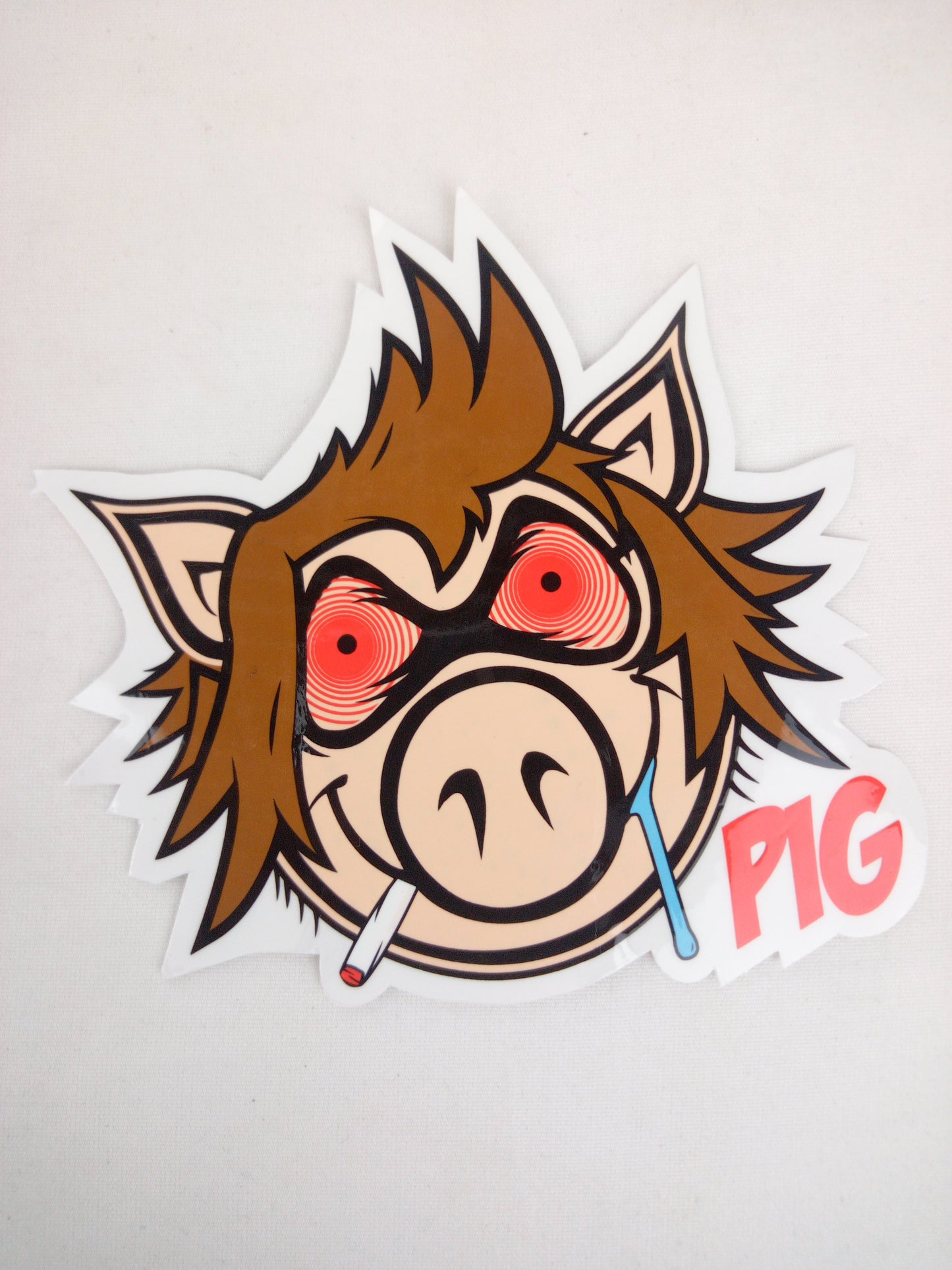 Pig Wheels Zombie Head Joint Smoker Clear Tan Red Brown 4.5" x 4" Vintage NOS Sticker