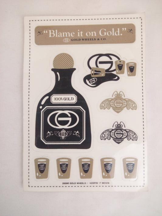 Gold Wheels Blame it on Gold 100% Gold Clear Black Gold 6.5" x 4.5" Vintage NOS Sticker Sheet of 10