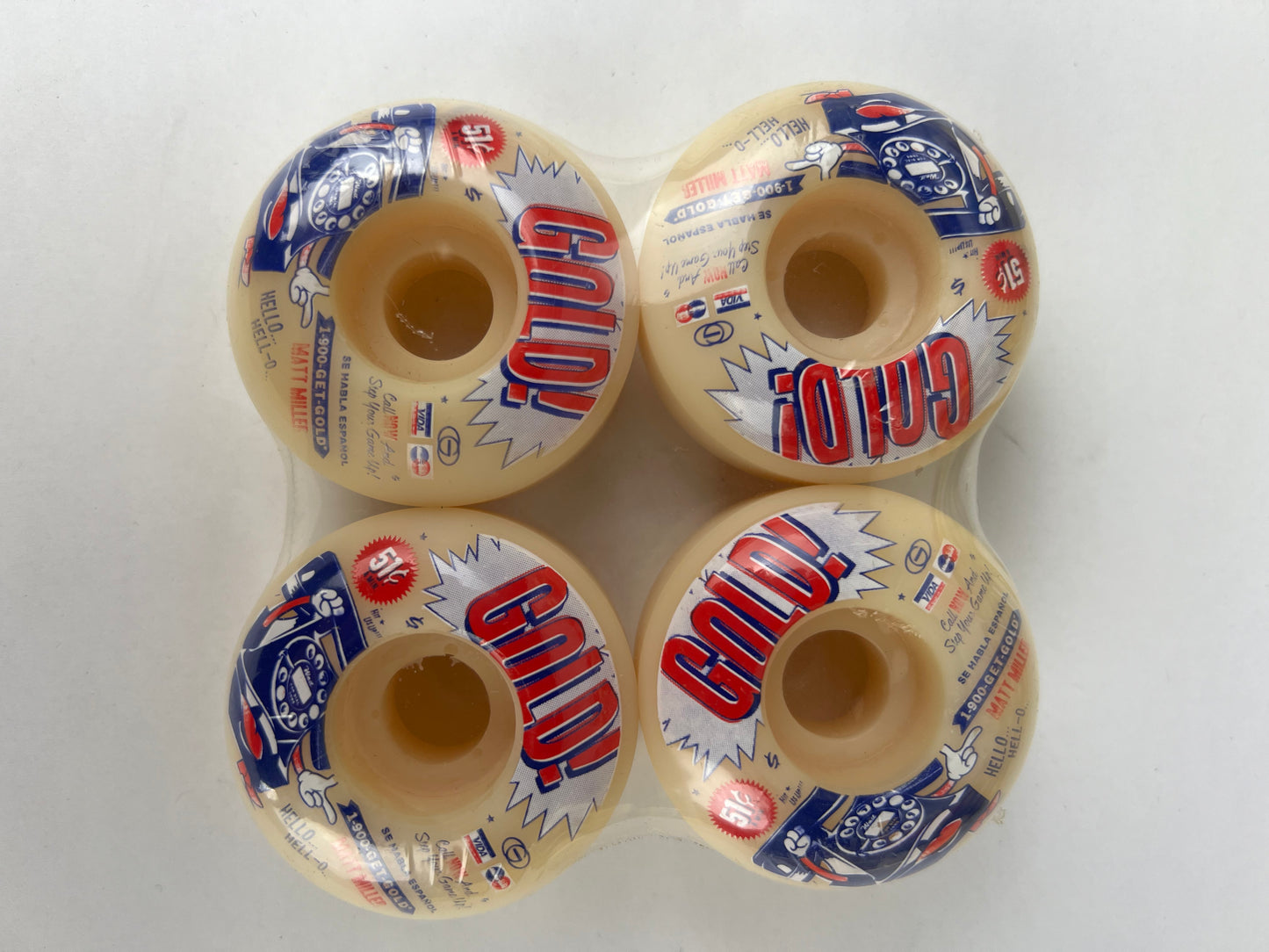 Gold Wheels Matt Miller Hell-O Phone Natural White Red Blue Size 51MM Vintage NOS Wheels