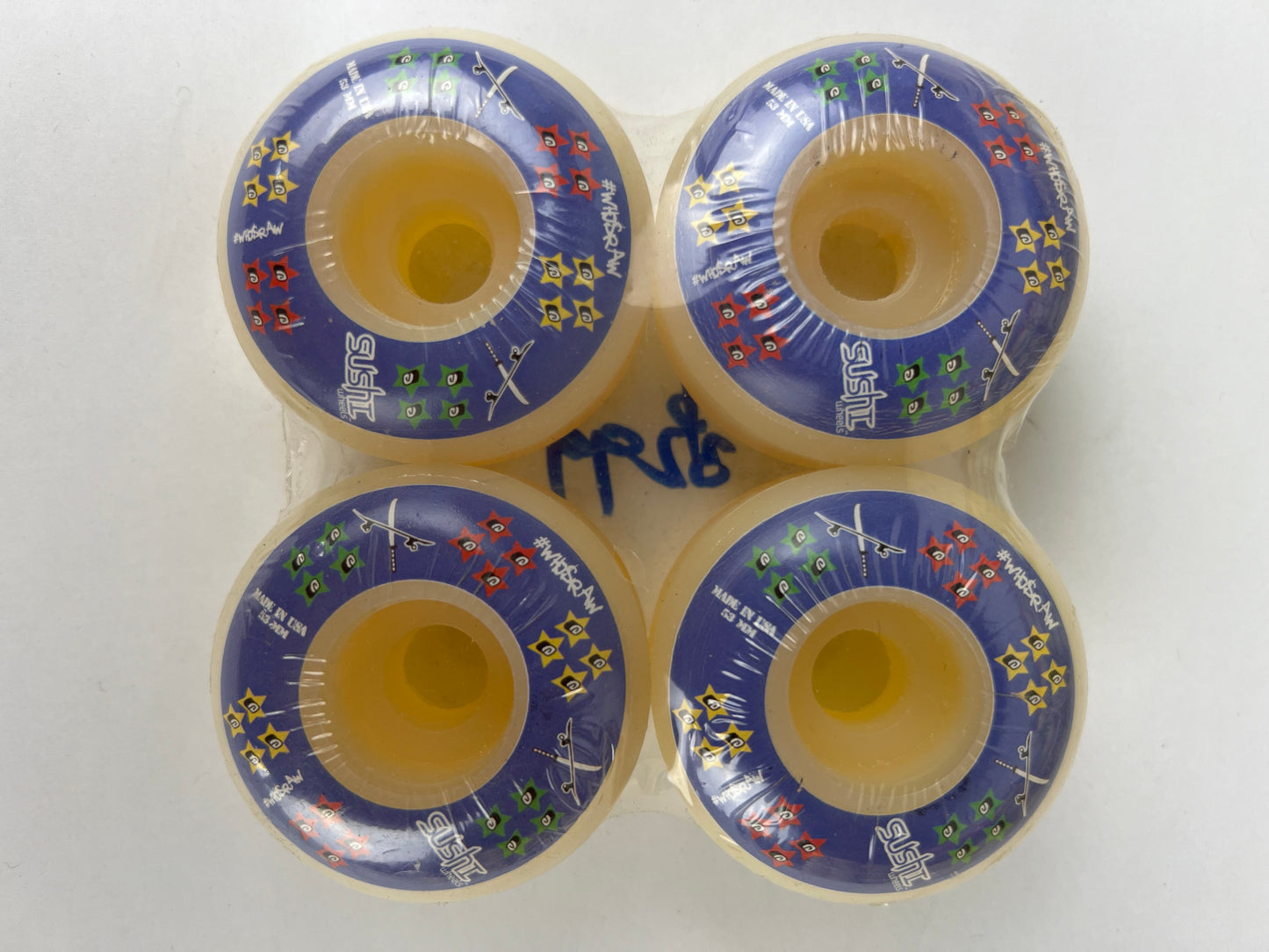 Sushi Wheels #Whosraw Skateboard & Katana Crossed Blue White Multi Size 53MM Vintage NOS Wheels