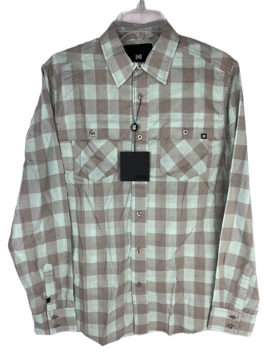 Krew KR3W Carter Turquoise Brown Plaid Size S L/s Vintage Button Up Woven Pockets Shirt