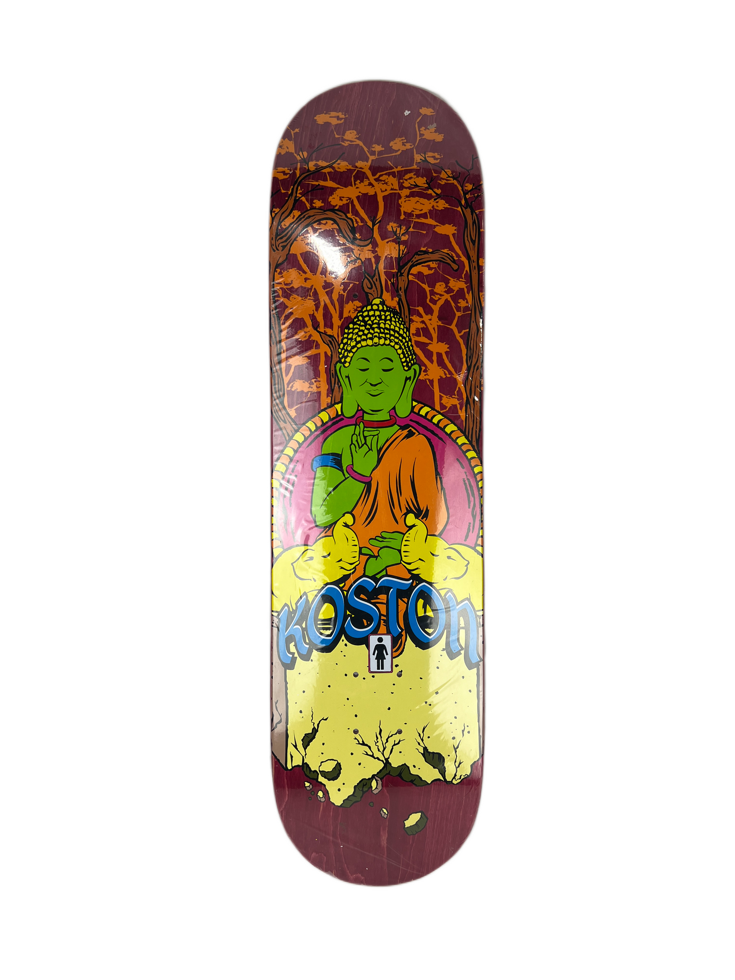 Girl Eric Koston Buddha Meditating Burgundy Woodgrain Pink Multi Size 8.18" Vintage NOS Deck