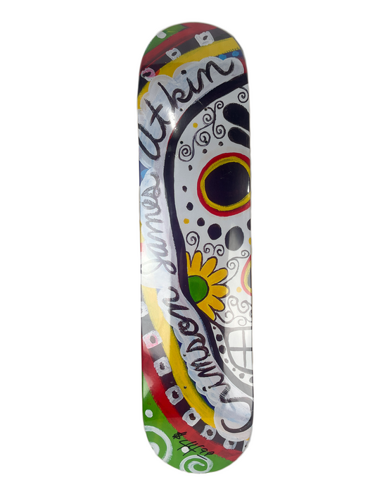 Crimson James Atkin Día de Muertos Skull White Red Yellow Green Size 7.5" Vintage NOS Deck 2006