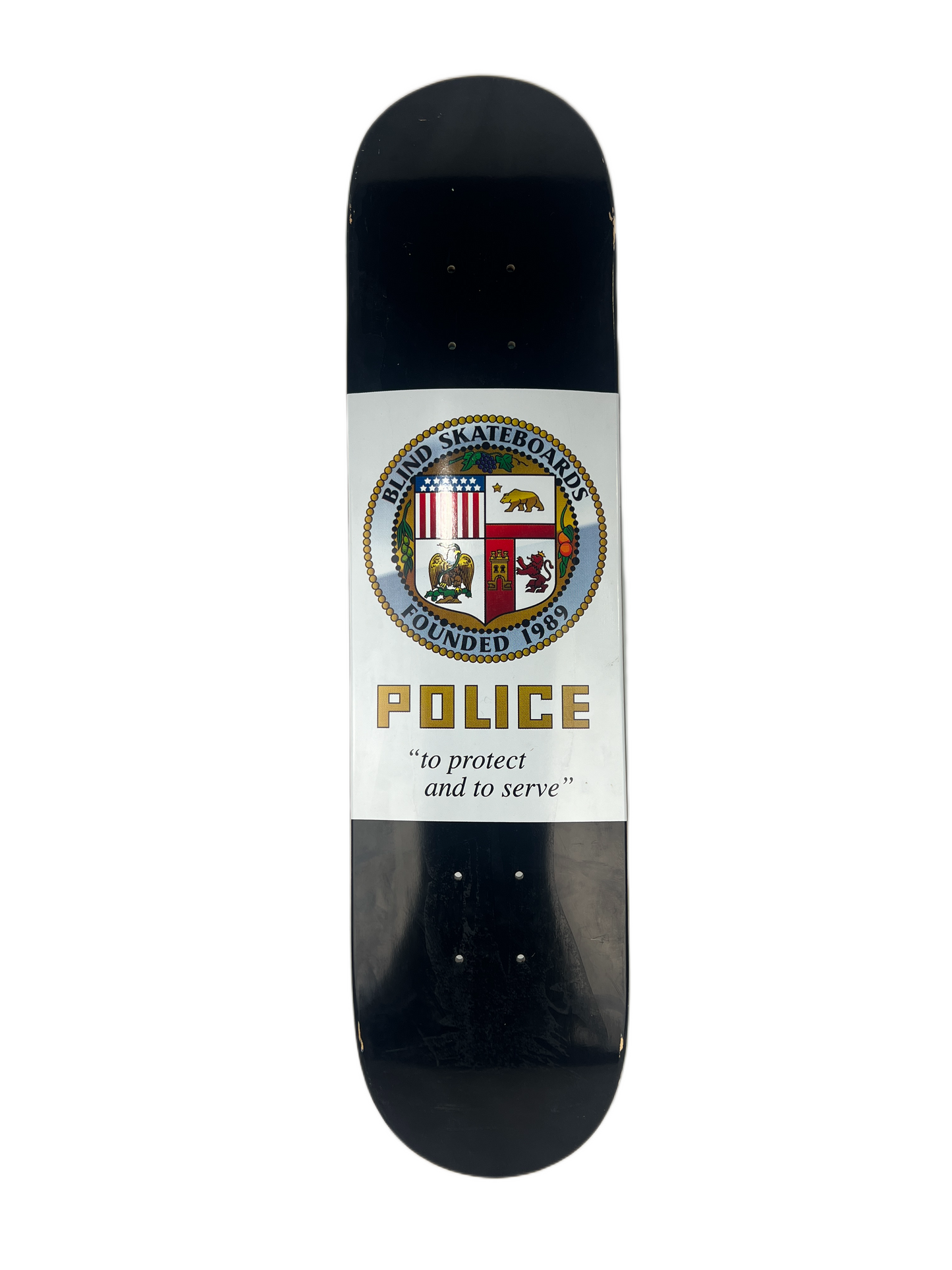 Blind POLICE Protect And Serve Black White Gold Size 7.5" Vintage NOS Deck