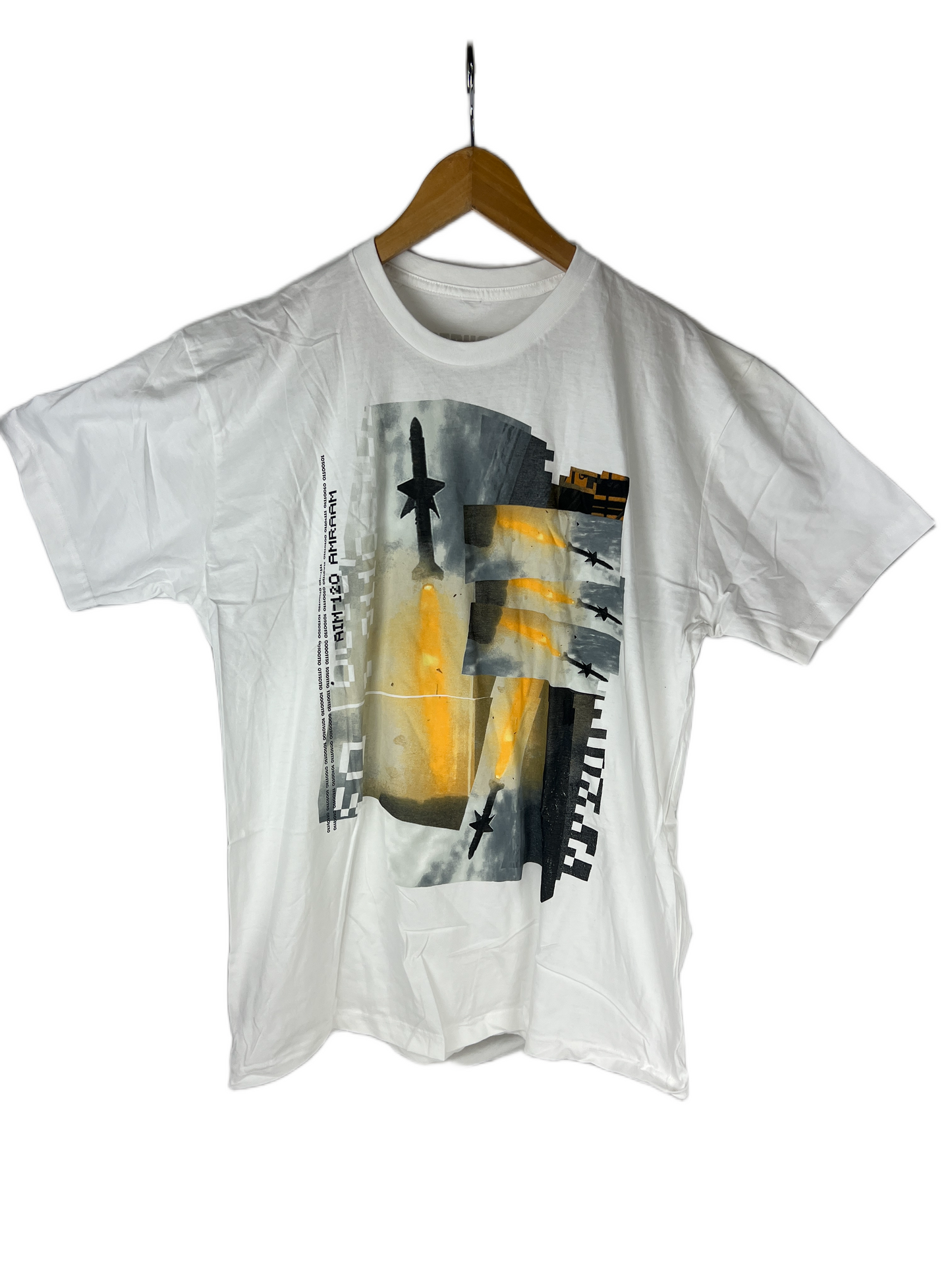 Destructo AMRAAM Missile Graphic White Yellow Grey Multi Size XL S/s Vintage Shirt