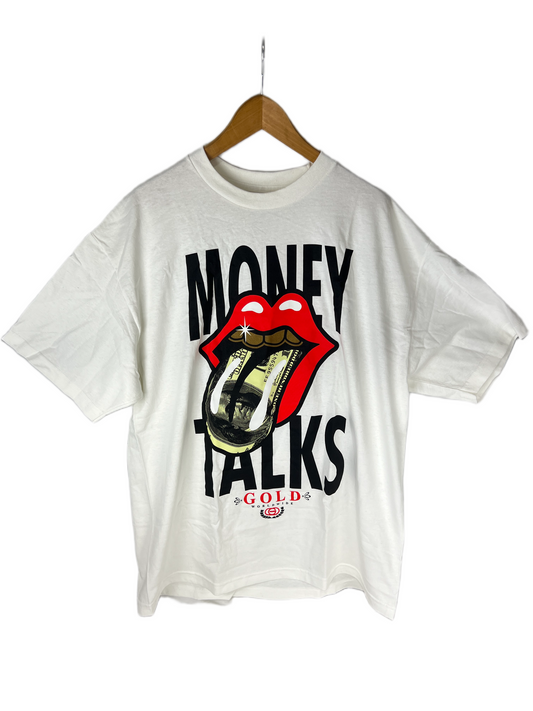 Gold Wheels Money Talks Rolling Stones Tongue Hundred Dollar Bill White Black Red Size XL S/s Vintage Shirt
