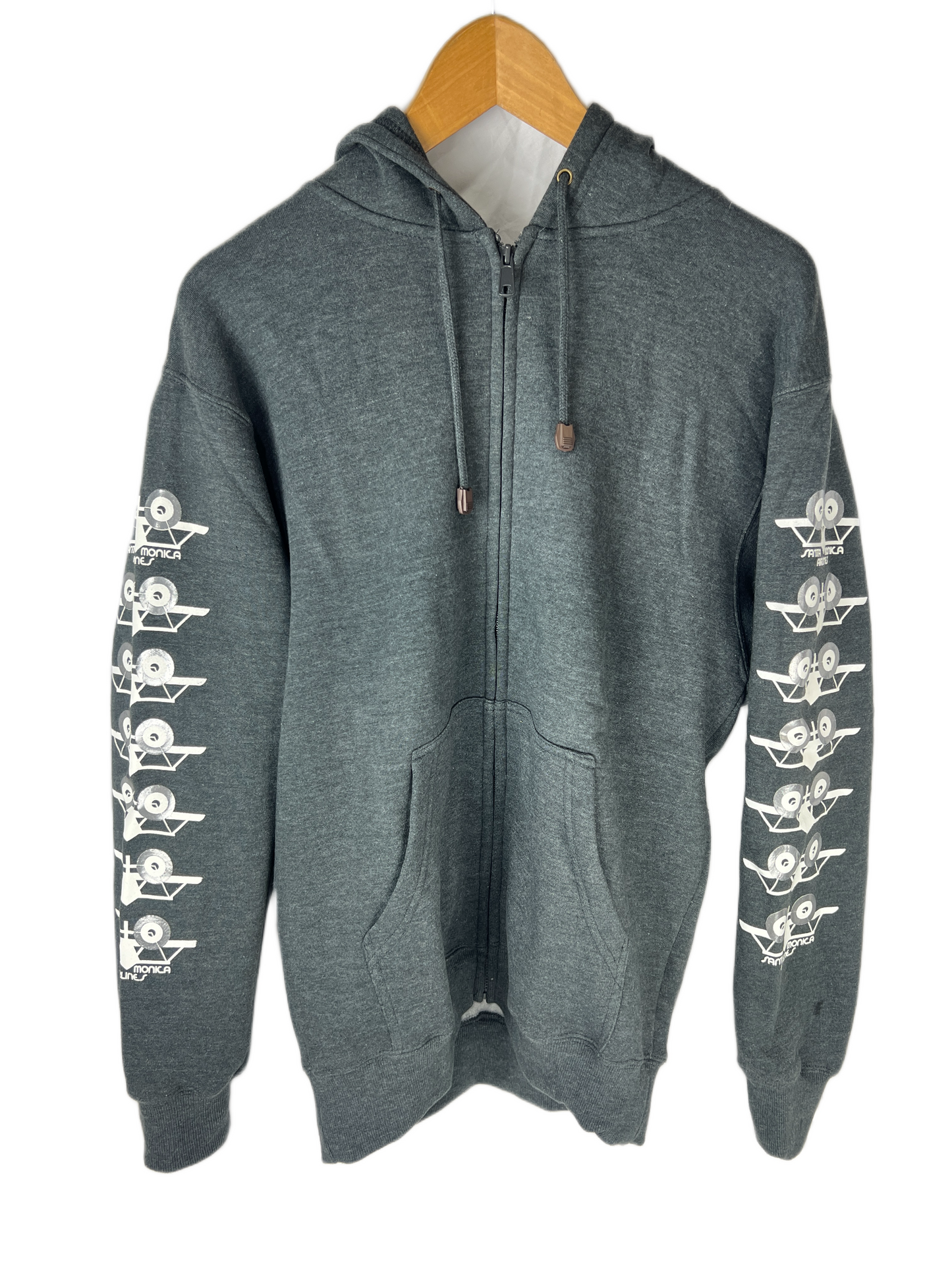 Santa Monica Airlines SMA Planes Graphic On Sleeves Grey White Size M Vintage L/s Zip Up Hooded Sweat Shirt