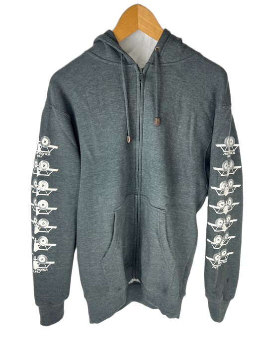Santa Monica Airlines SMA Planes Graphic On Sleeves Grey White Size M Vintage L/s Zip Up Hooded Sweat Shirt