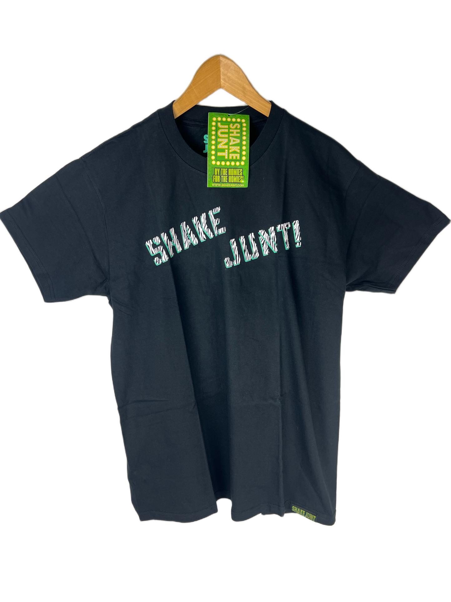 Shake Junt Zebra Stripes Retro Font Turquoise White Black Size XL S/s Vintage Shirt