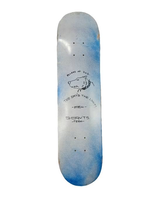 Shorty's Beware Of Dog The Sky's The Limit 2004 Shorty's Custom Team Graphic Blue White Black Size 7.6" Vintage NOS Deck