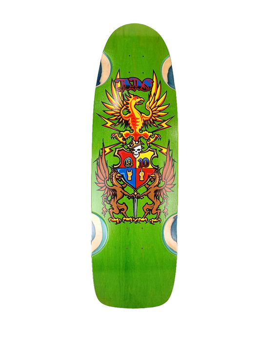 Bulldog Skates BDS Coat Of Arms Green Woodgrain Red Blue Orange Size 10.1 X 33.75 Vintage NOS Deck