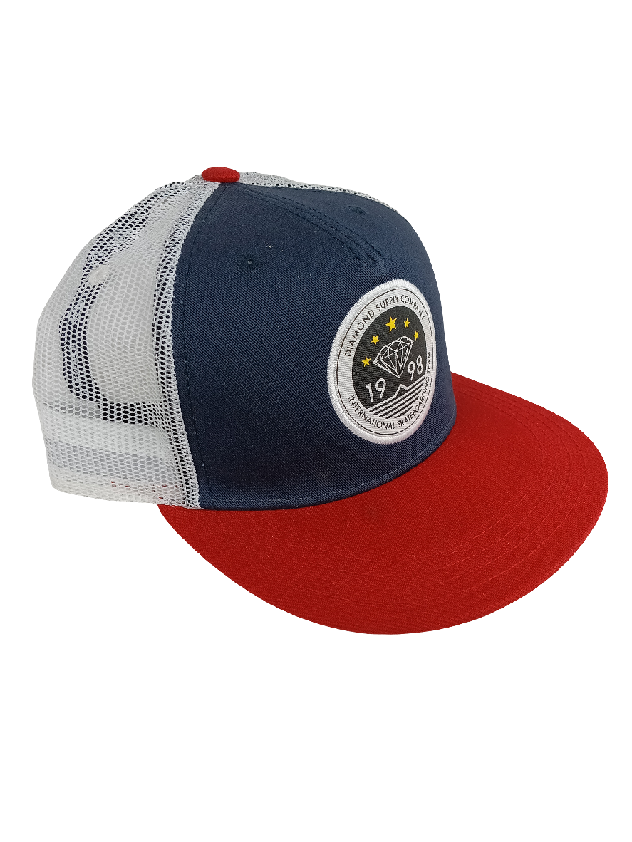 Diamond Supply Co. 1998 International Skateboarding Team Red Navy White Mesh Snapback Hat