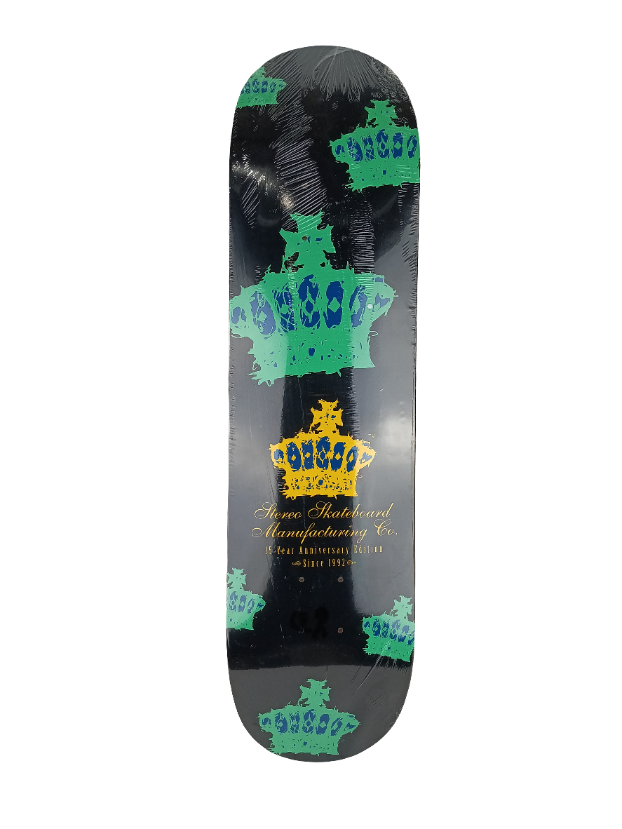 Stereo 15 Year Anniversary Crown Graphic Black Teal Gold Size 8 Skateboard Deck