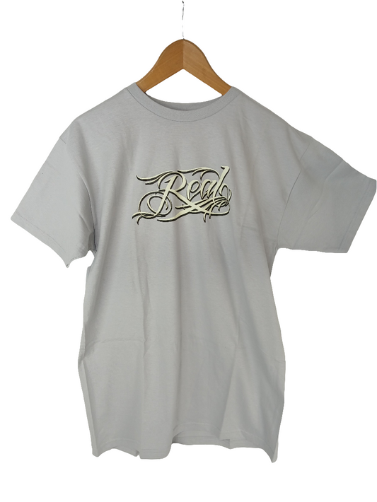Real Skateboards Real Cursive Text Grey White Black Mens Size Medium S/s Shirt
