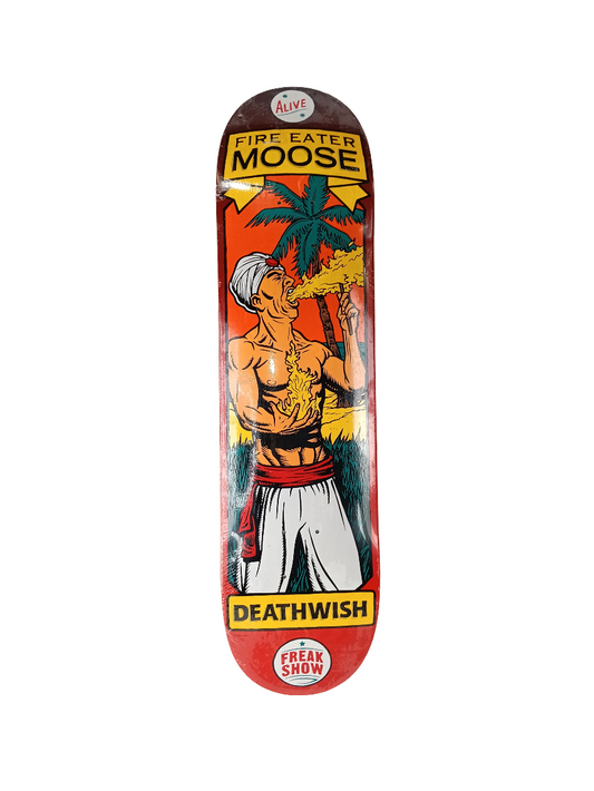 Deathwish Moose Freak Show Fire Eater Orange Red White Size 7.875 Vintage NOS Deck Ripped Plastic