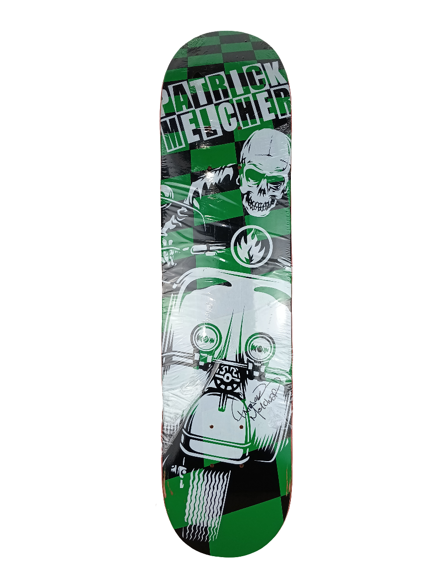 Black Label Patrick Melcher Motorcycle Skull Green Black Checkered White 7.38 Autographed Vintage NOS Deck