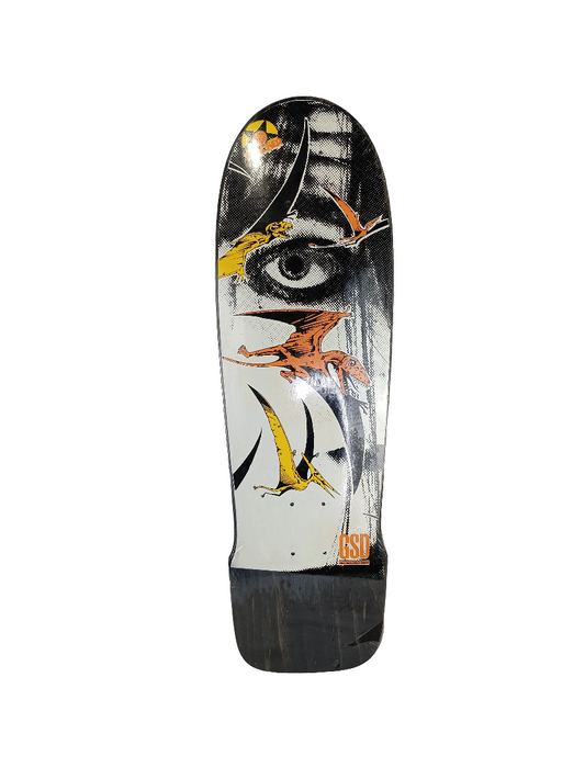 Tracker Skateboards Gary Scott Davis GSD Dinosaurs Black Woodgrain White Orange Screenprinted Size 9.25" Vintage Reissue Deck #22/100