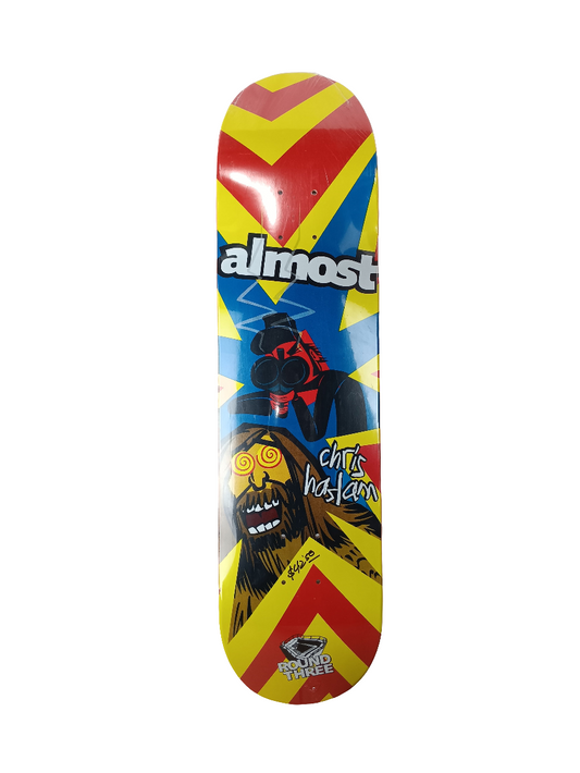 Almost Chris Haslam Debut Pro Model Round Three Sasquatch Hunter Red Yellow Blue Size 7.8" Vintage NOS Deck