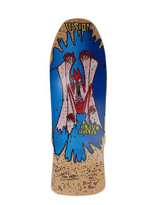 Vision Sports Marty Jinx Jiminez Skate Outta Hell Bat Full Size OG 1986 Not A Reissue Natural Stain Blue Red Vintage NOS Deck