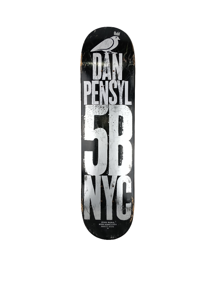 5boro Dan Pensyl NYC Graphic Black White Silver 7.75 Vintage Skateboard Deck Scuffs