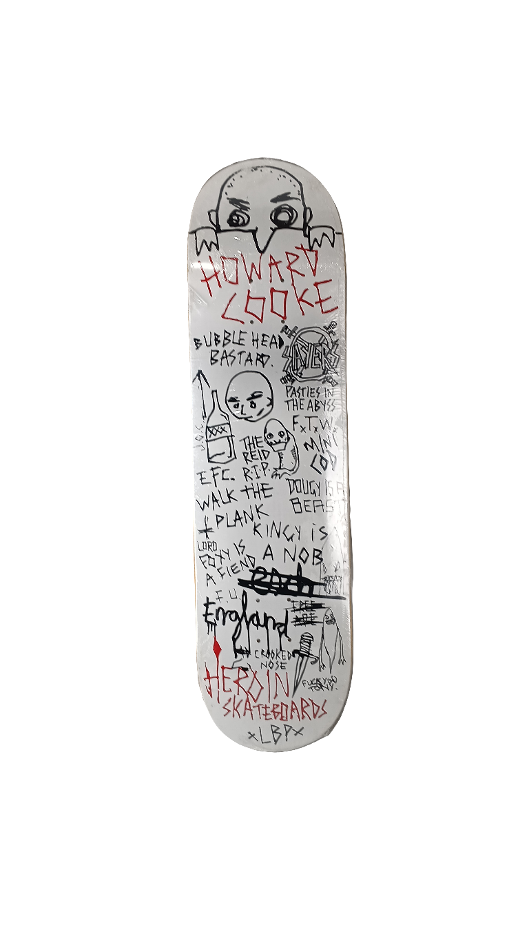 Heroin Skateboards Howard Cook Sketches Black White Red Size 8.38 Vintage NOS Deck